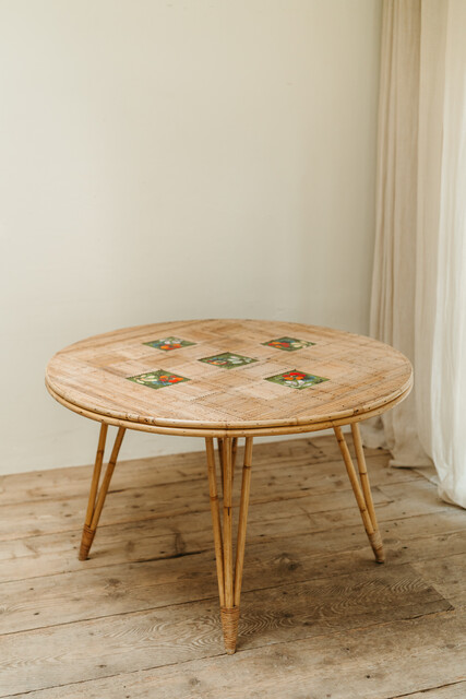 1970's rattan table, inlaid with Vallauris tiles from Audoux Minet...