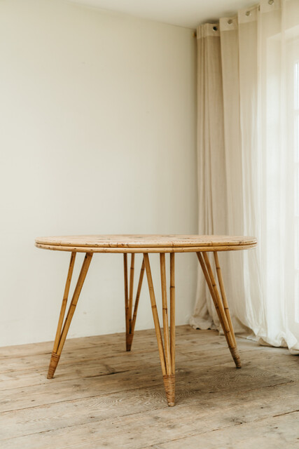 1970's rattan table, inlaid with Vallauris tiles from Audoux Minet...