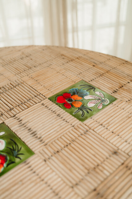 1970's rattan table, inlaid with Vallauris tiles from Audoux Minet...