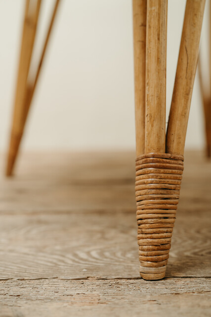 1970's rattan table, inlaid with Vallauris tiles from Audoux Minet...