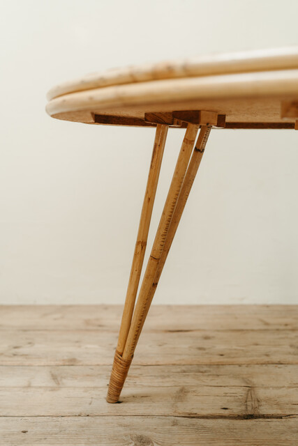 1970's rattan table, inlaid with Vallauris tiles from Audoux Minet...