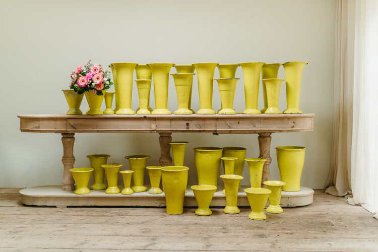 lot of yellow painted 1950s zinc vases from French flowershop ...