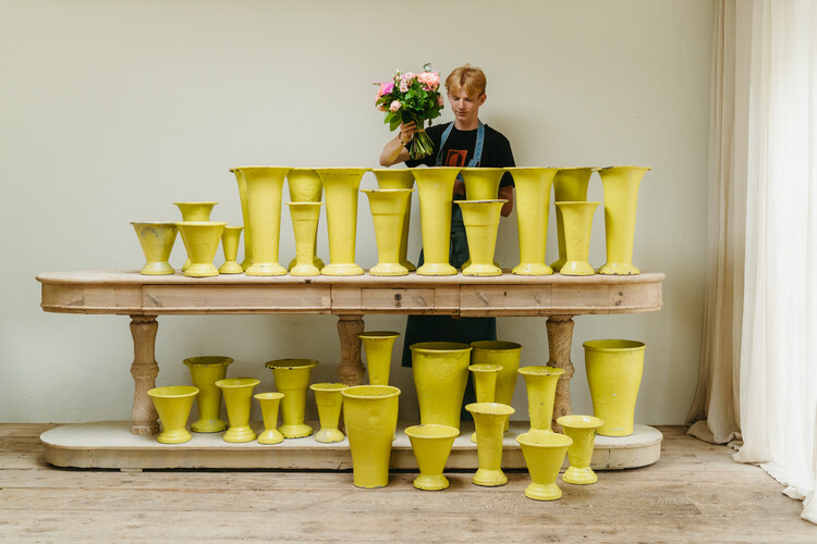 lot of yellow painted 1950s zinc vases from French flowershop ...