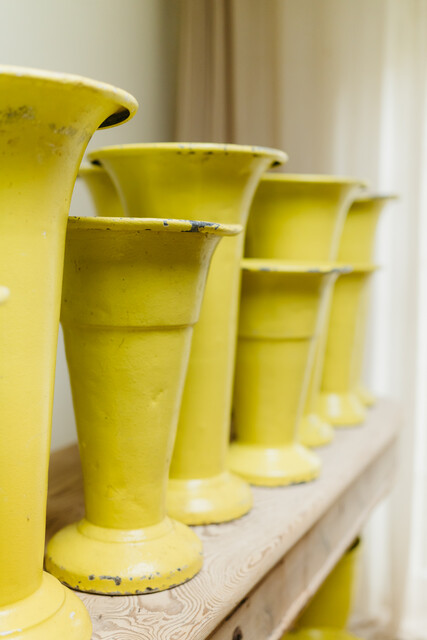 lot of yellow painted 1950s zinc vases from French flowershop ...