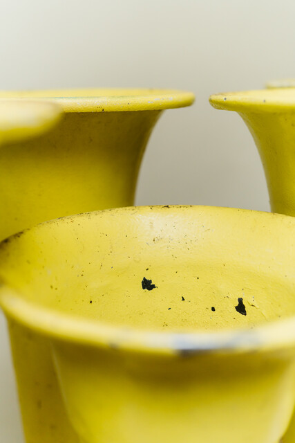 lot of yellow painted 1950s zinc vases from French flowershop ...