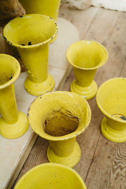 lot of yellow painted 1950s zinc vases from French flowershop ...