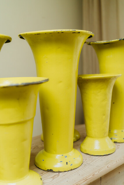 lot of yellow painted 1950s zinc vases from French flowershop ...