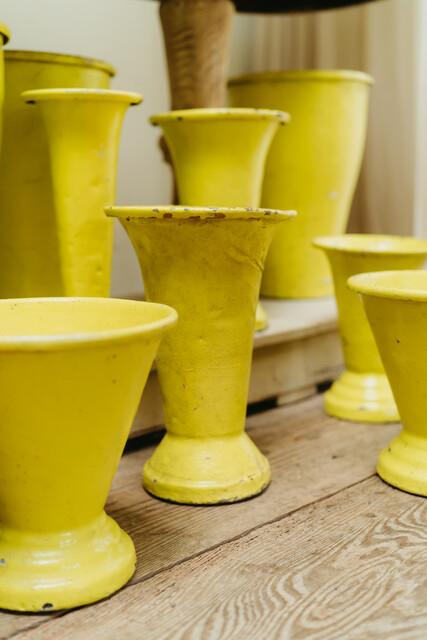 lot of yellow painted 1950s zinc vases from French flowershop ...