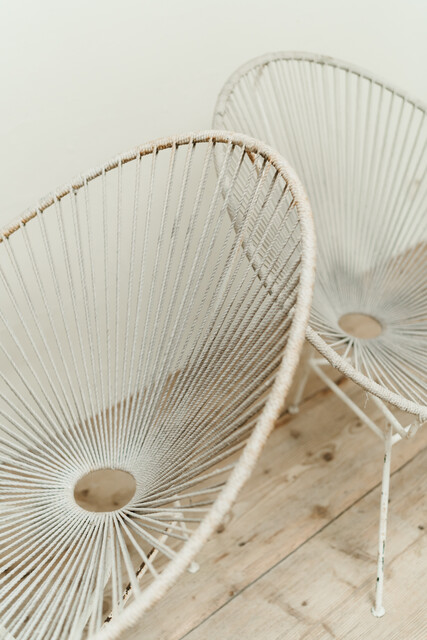 pair of white vintage metal and rope scoubidou chairs ...