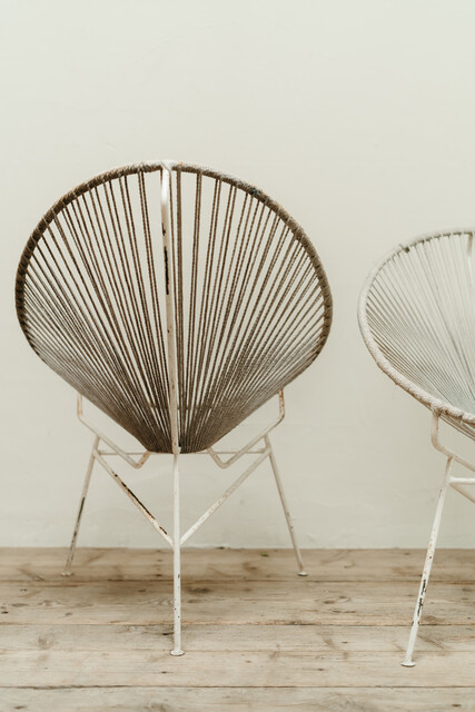 pair of white vintage metal and rope scoubidou chairs ...