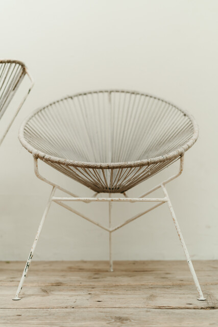 pair of white vintage metal and rope scoubidou chairs ...