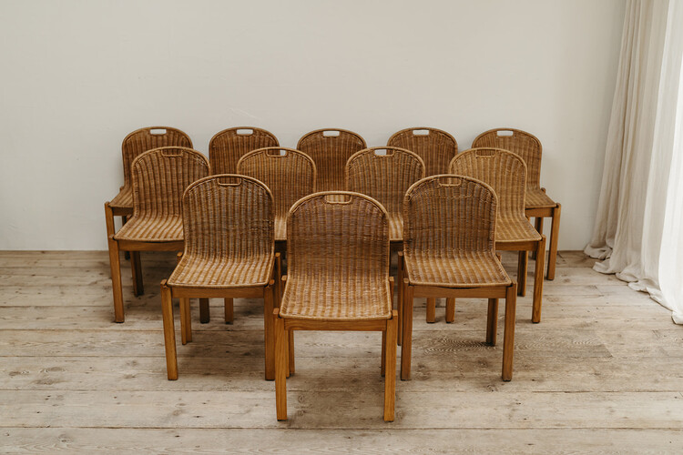 set of 12 vintage rattan/wood dining chairs ... 