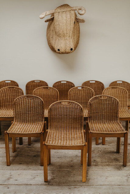 set of 12 vintage rattan/wood dining chairs ... 