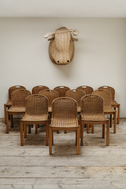 set of 12 vintage rattan/wood dining chairs ... 